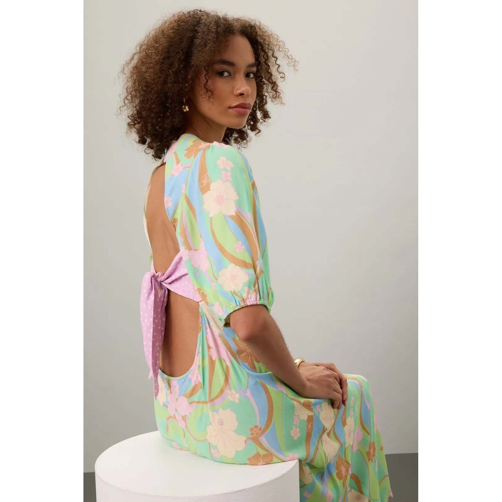RIXO Steph Maxi Dress Floral Open Back Tie Waist Puff Sleeve Size S